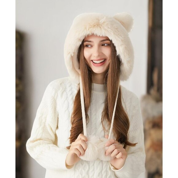 Women Beige Winter Sherpa Beanie Hats Knit Ear Flaps Peruvian Cover Ears main image 5